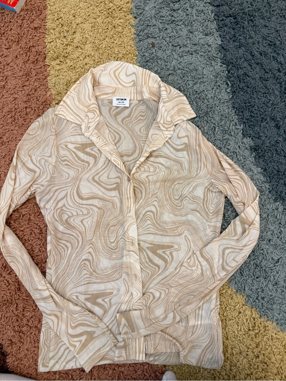 Cotton On Beige & Cream Swirl Print Long Sleeve Blouse XS